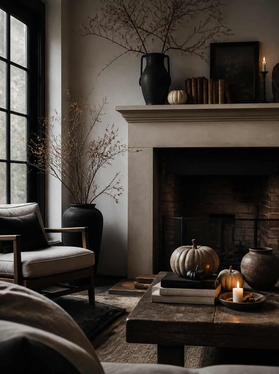 Cozy living room with pumpkins and fall decor, indoor Halloween decoration ideas.