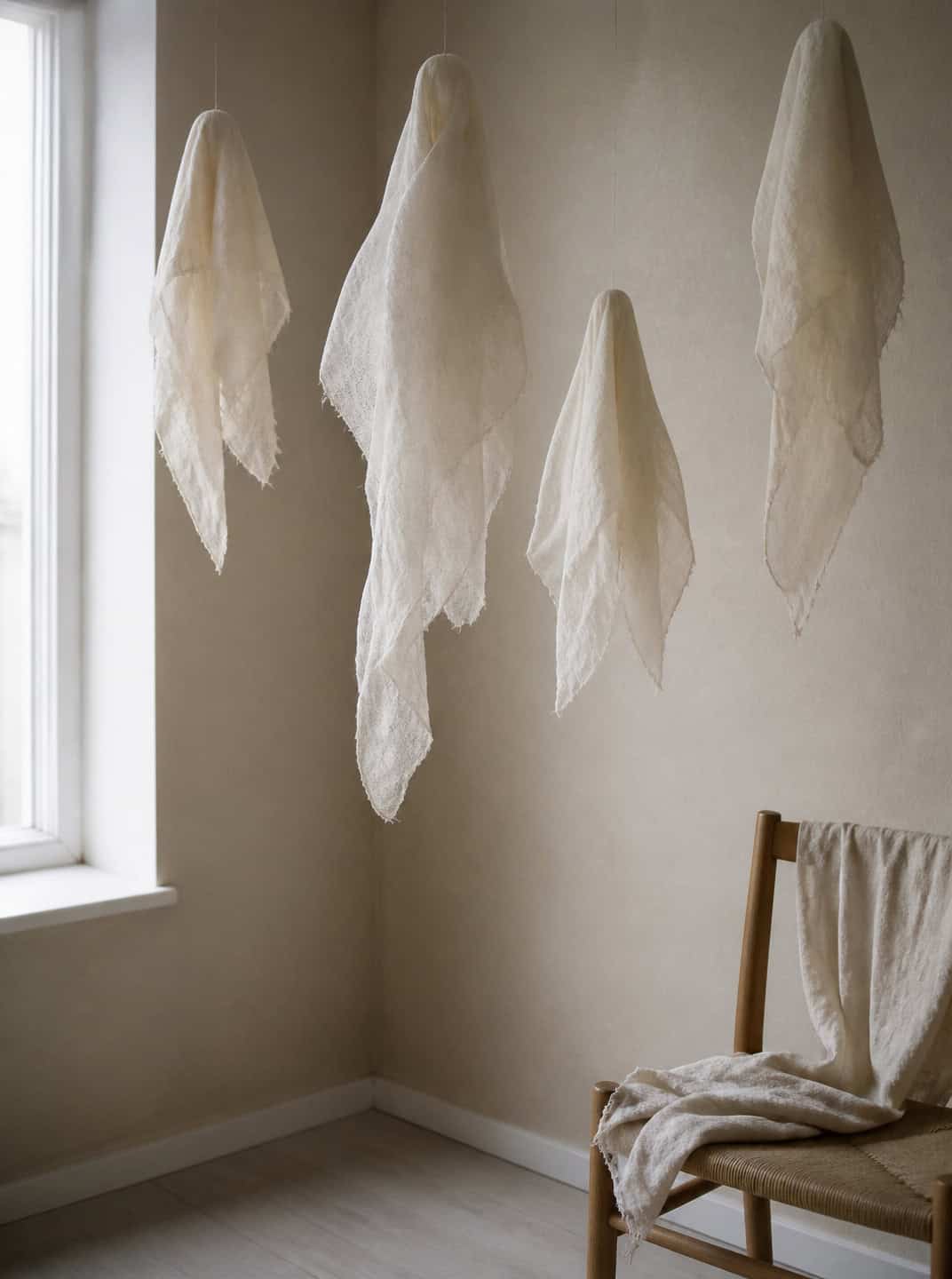 DIY fabric ghosts hanging as indoor Halloween decorations