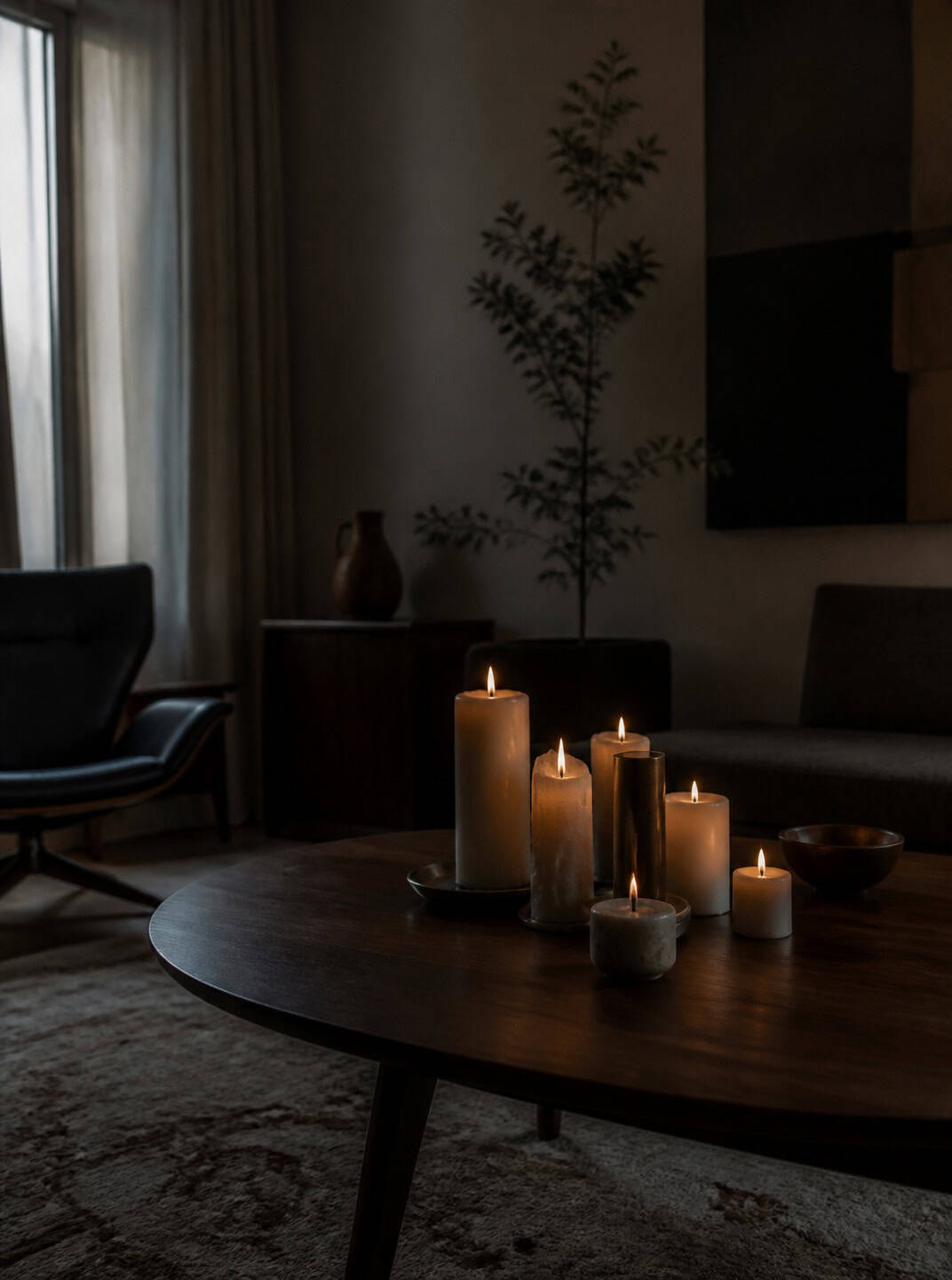 Atmospheric indoor Halloween decoration ideas: lit candles on a coffee table.