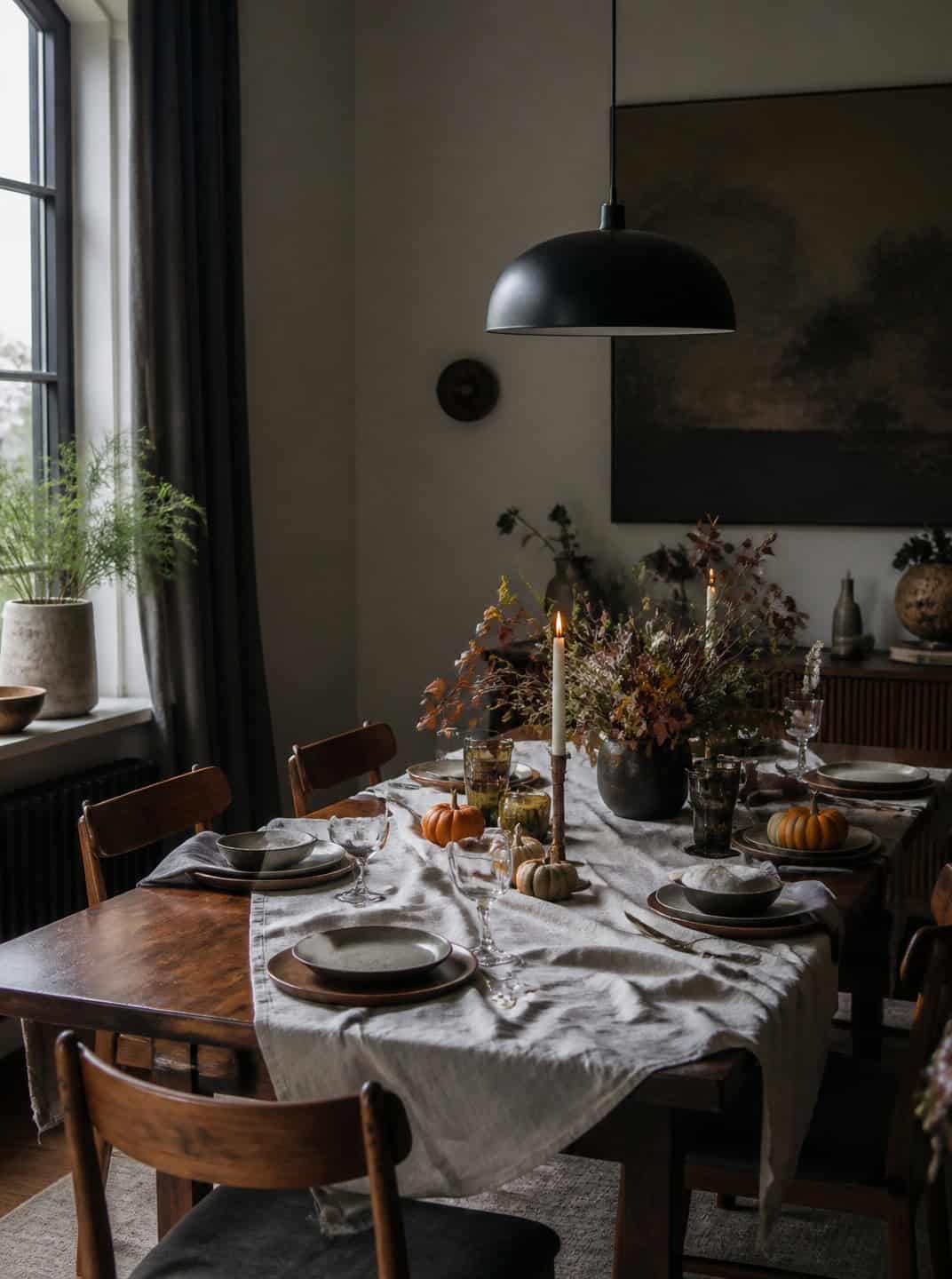Elegant dining table set for Halloween with pumpkins, candles, and fall foliage