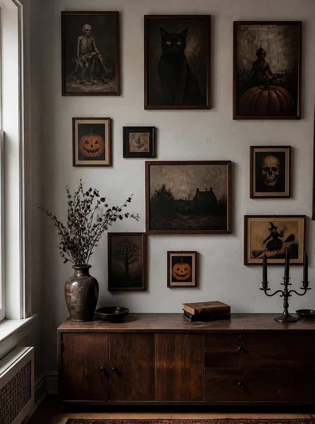 Wall art and decor for indoor Halloween decoration ideas: spooky paintings, pumpkin, black cat, witch