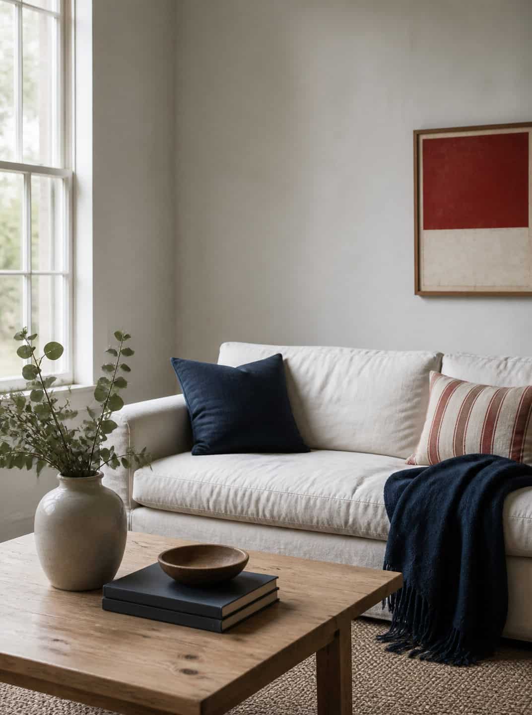 Neutral living room with subtle patriotic accents for Memorial Day decorations.
