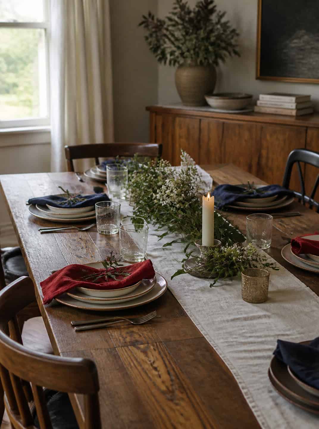 Memorial Day table setting with navy napkins, red napkins, and floral centerpiece