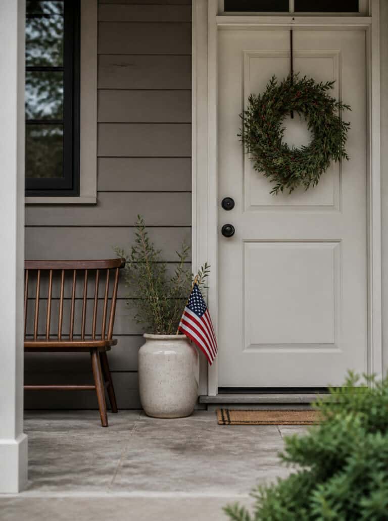 Subtle Memorial Day decorations: wreath, flag, and plant on porch.