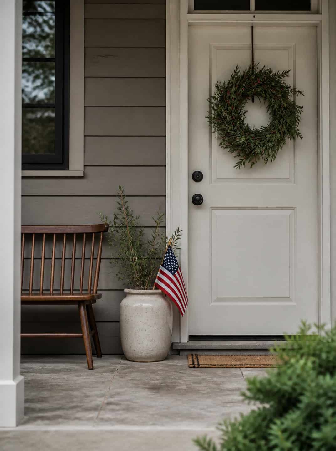 Subtle Memorial Day decorations: wreath, flag, and plant on porch.