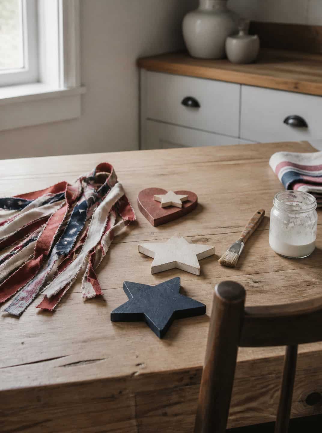 Patriotic craft supplies for Memorial Day decorations: stars, heart, fabric strips, and paint.