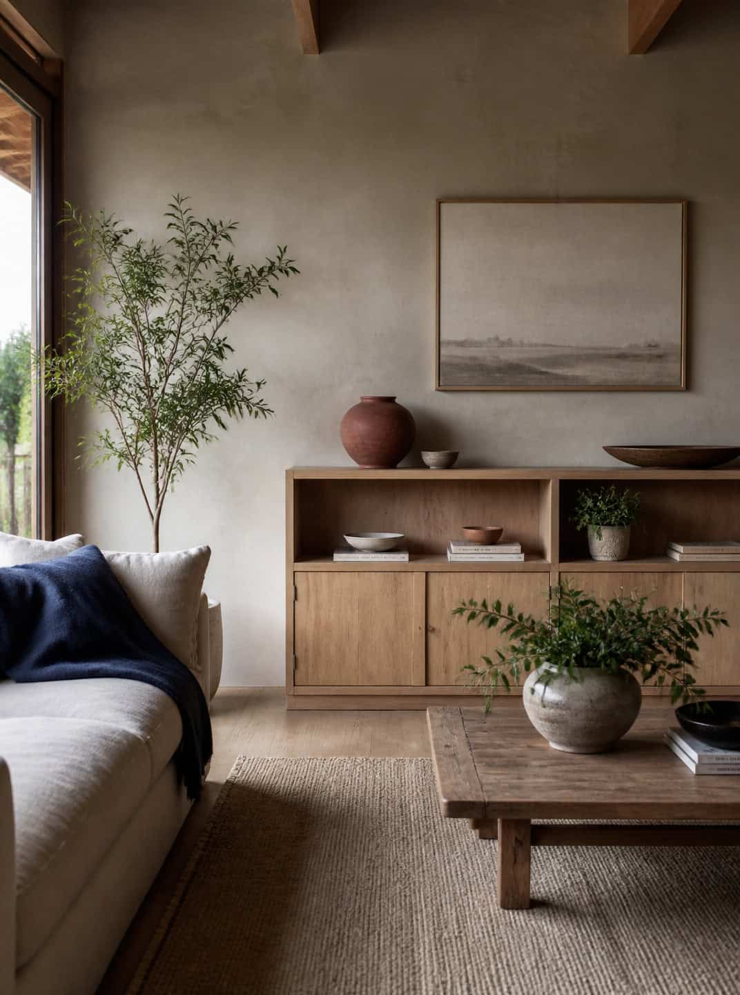 Neutral living room with couch, coffee table, and wooden sideboard