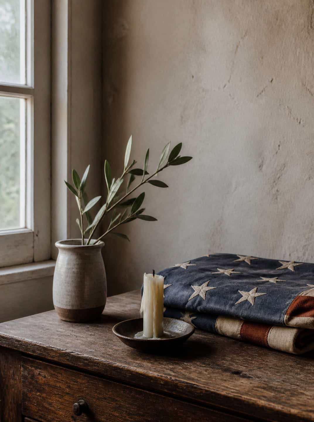 Folded American flag with a lit candle and olive branches, a subtle memorial day decoration.