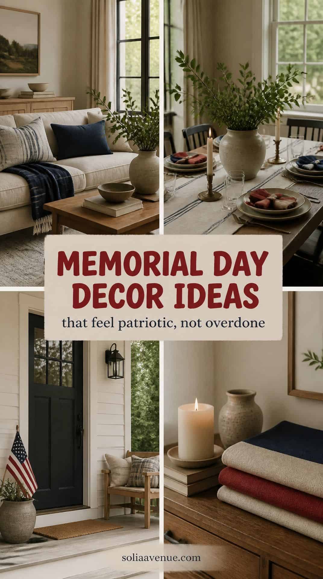 Memorial Day decor ideas: patriotic living room, dining table, porch, and dresser vignettes.