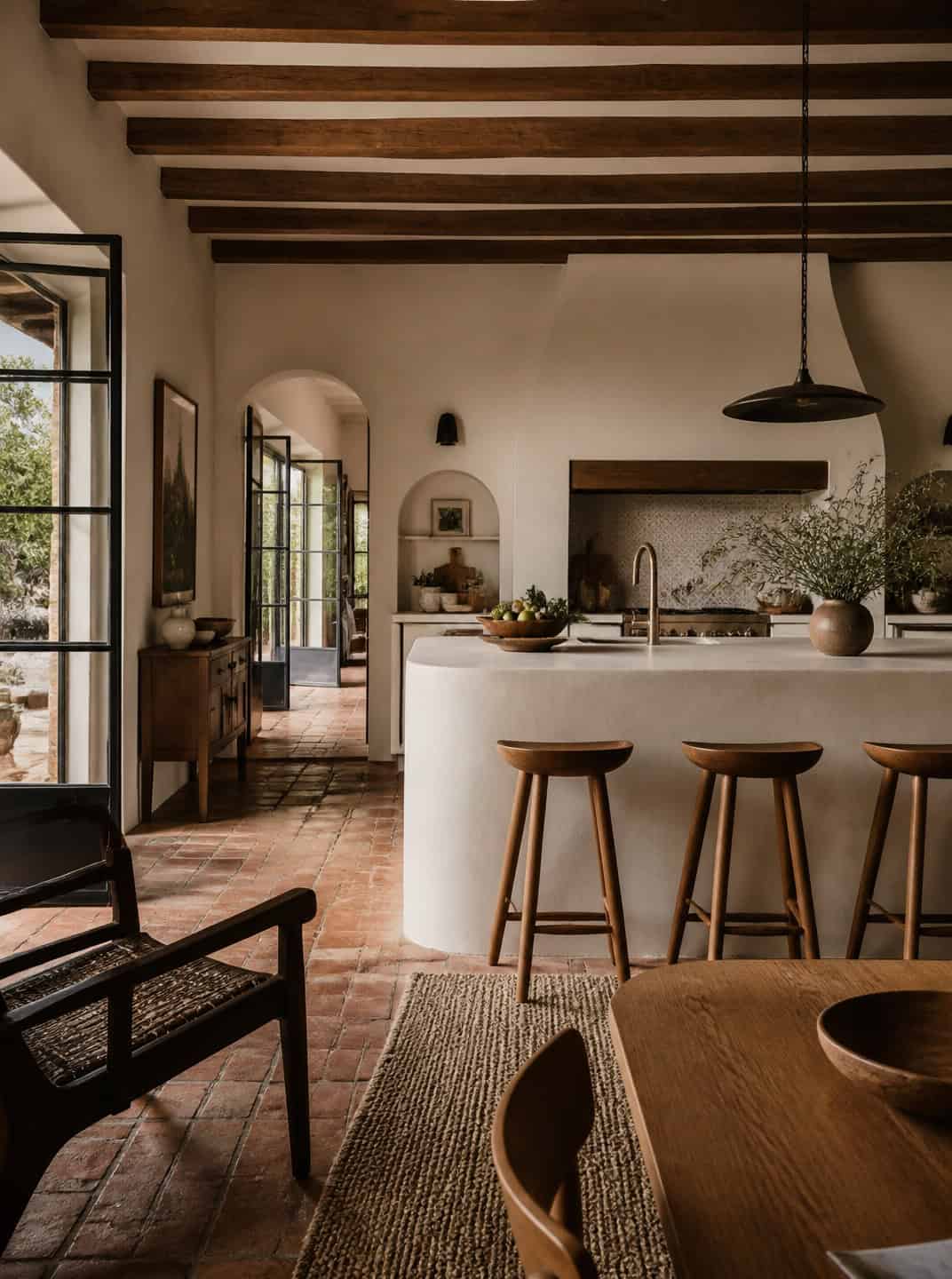 Spanish Mediterranean kitchen with terracotta floors and curved island.