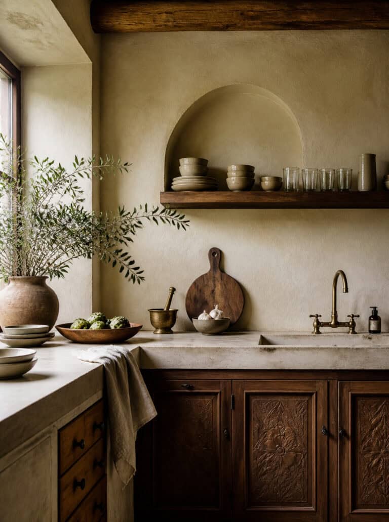 Spanish Mediterranean kitchen with stucco walls, wooden cabinets, and concrete countertops