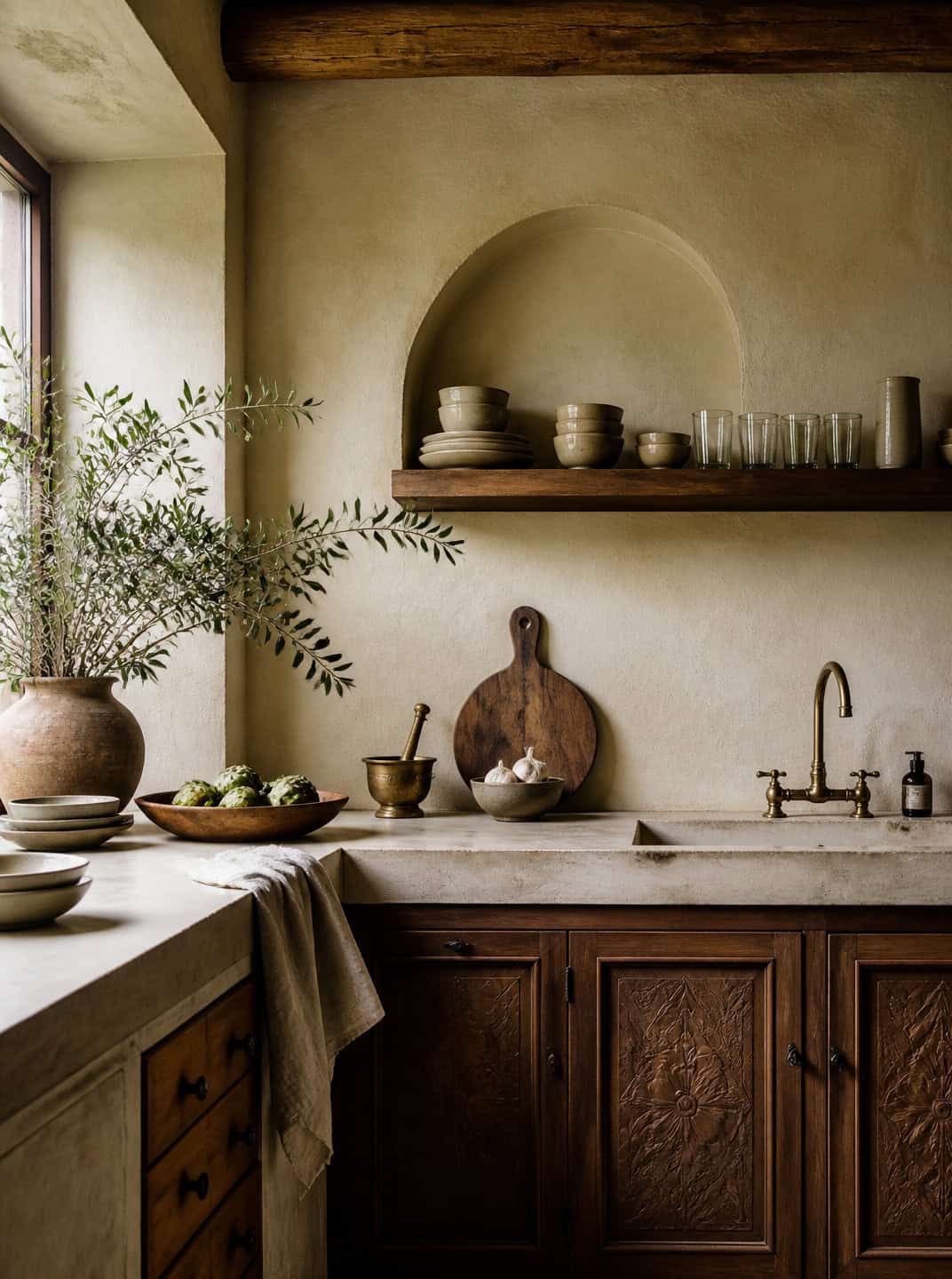 Spanish Mediterranean kitchen with stucco walls, wooden cabinets, and concrete countertops