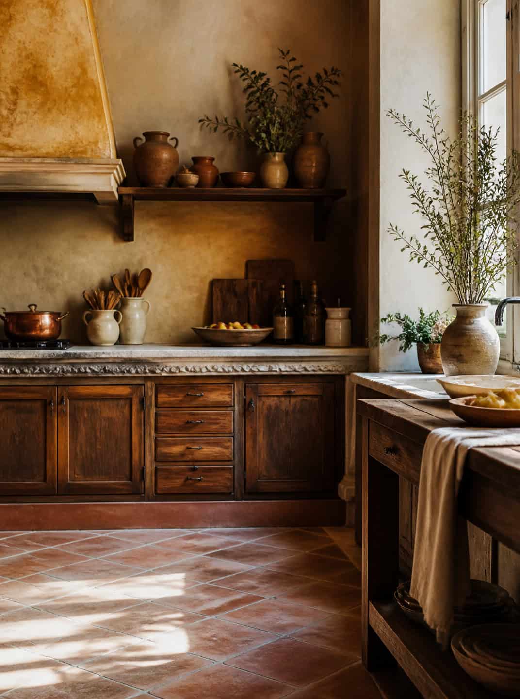 Rustic Spanish Mediterranean kitchen with terracotta floors and wooden cabinets