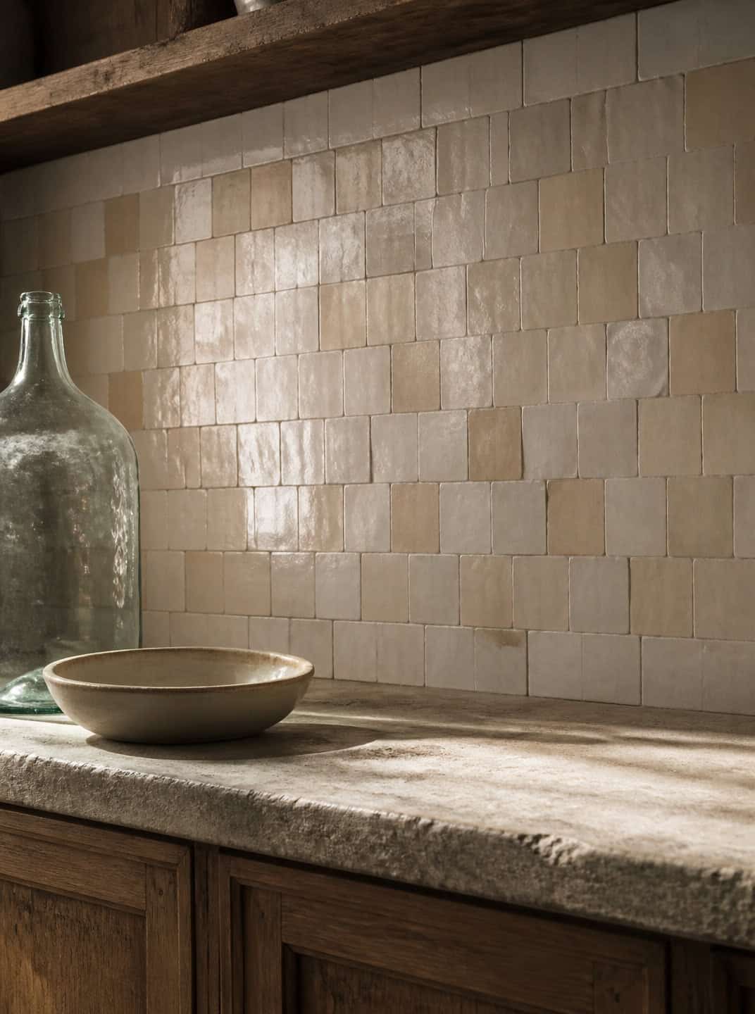 Spanish Mediterranean kitchen ideas: Textured countertop with a large glass bottle and bowl.