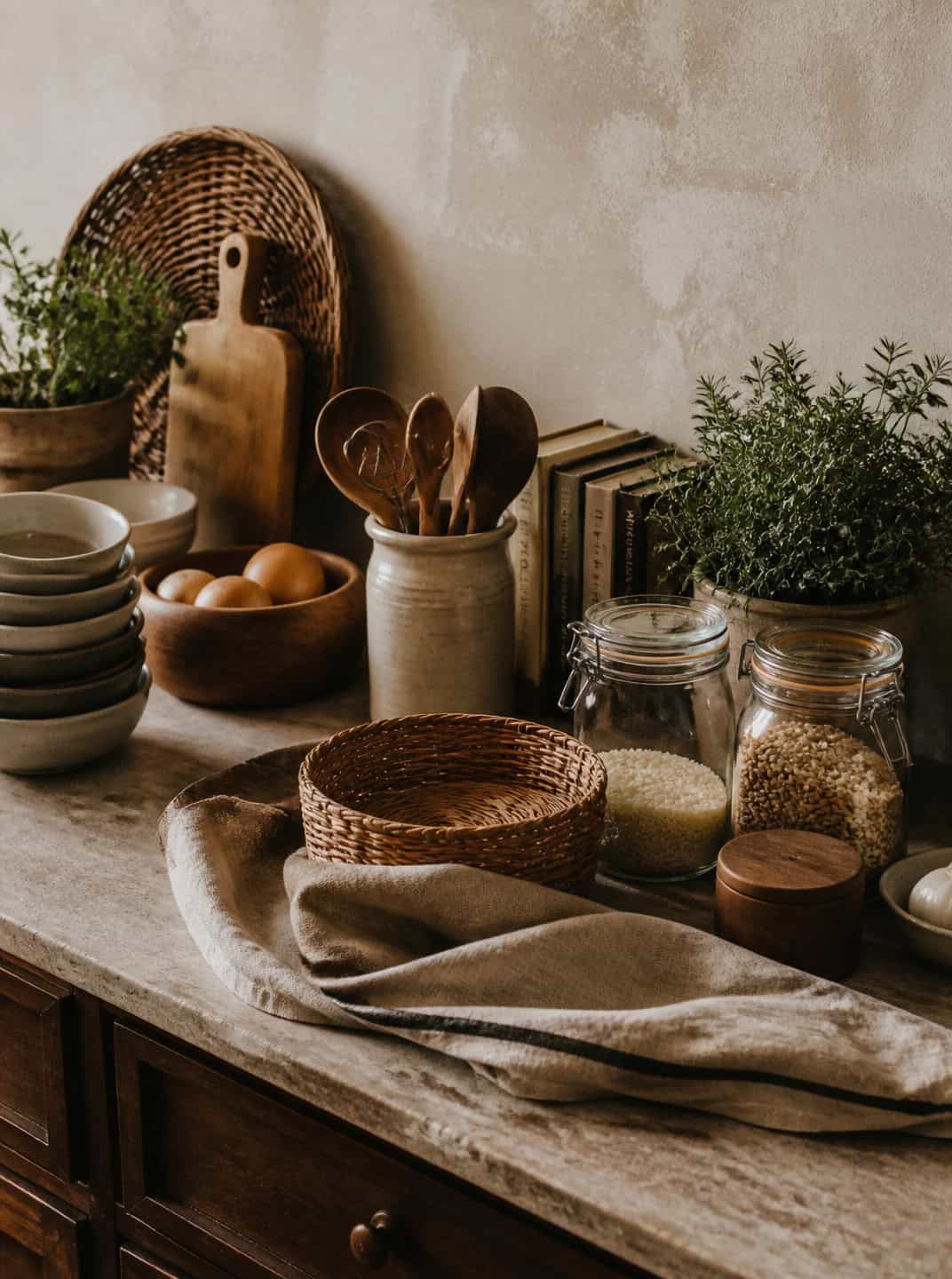 Spanish Mediterranean kitchen counter with woven baskets, pottery, and ingredients