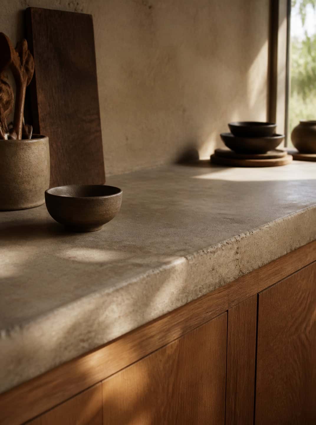 Close-up of a concrete kitchen countertop with wooden cabinets, part of Spanish Mediterranean kitchen ideas