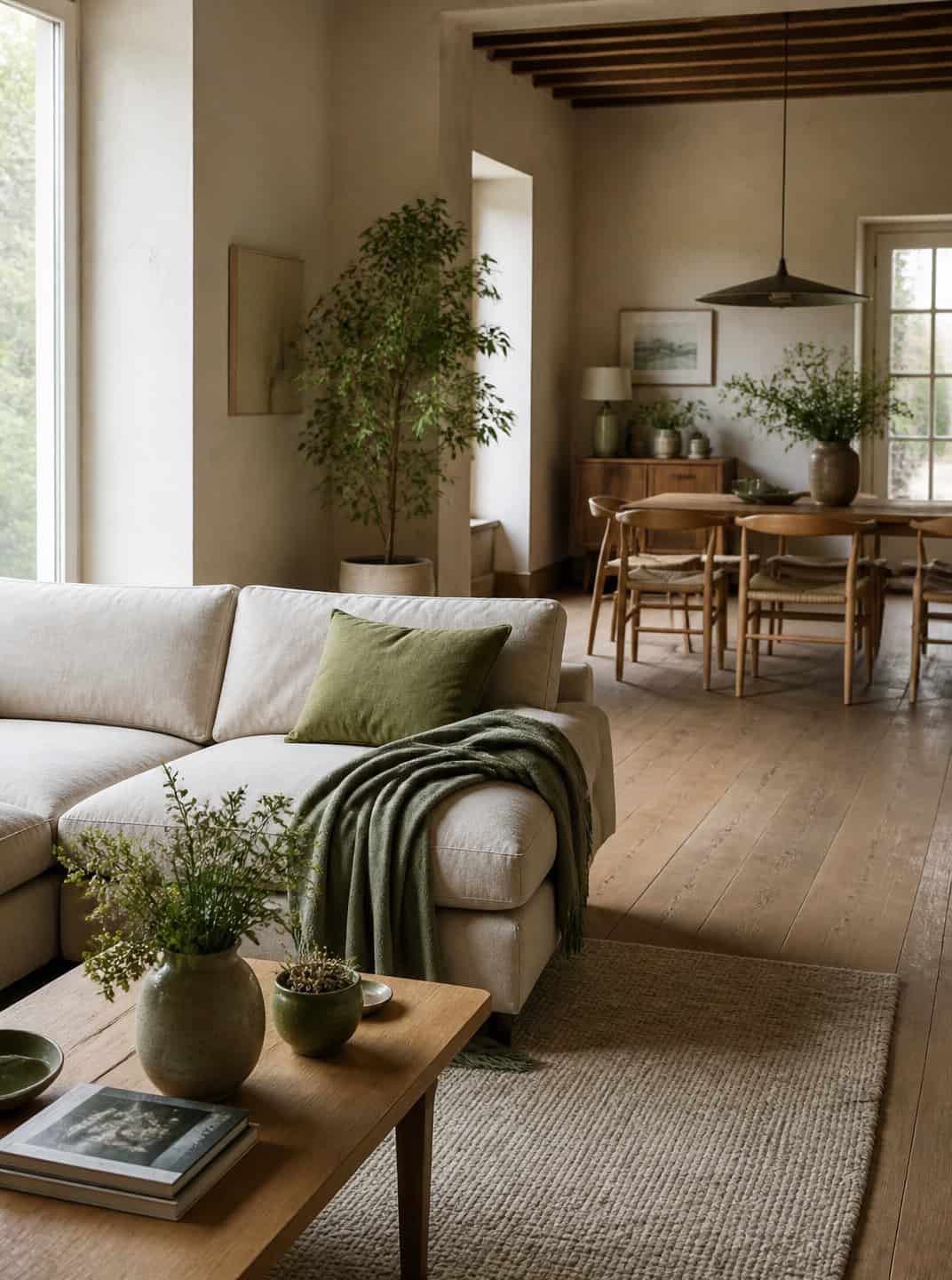 Natural living room with green accents, evoking St. Patrick's Day decor.