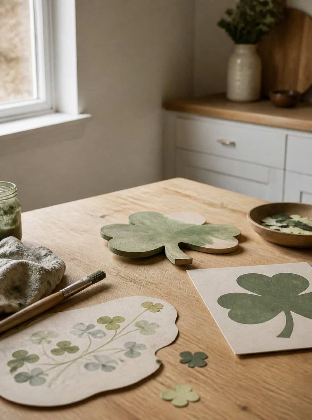 St. Patrick's Day decorations: green shamrock art supplies on a wooden table
