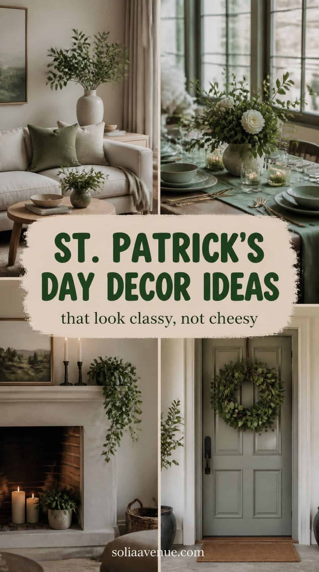 St. Patrick's Day decor ideas: classy green living room, dining table, fireplace, door wreath