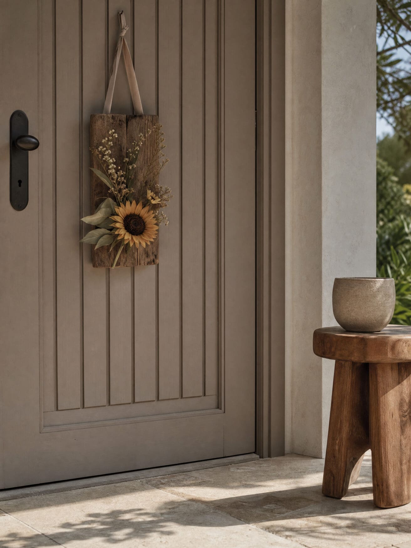 Rustic summer door hanger with sunflower and greenery on a taupe door