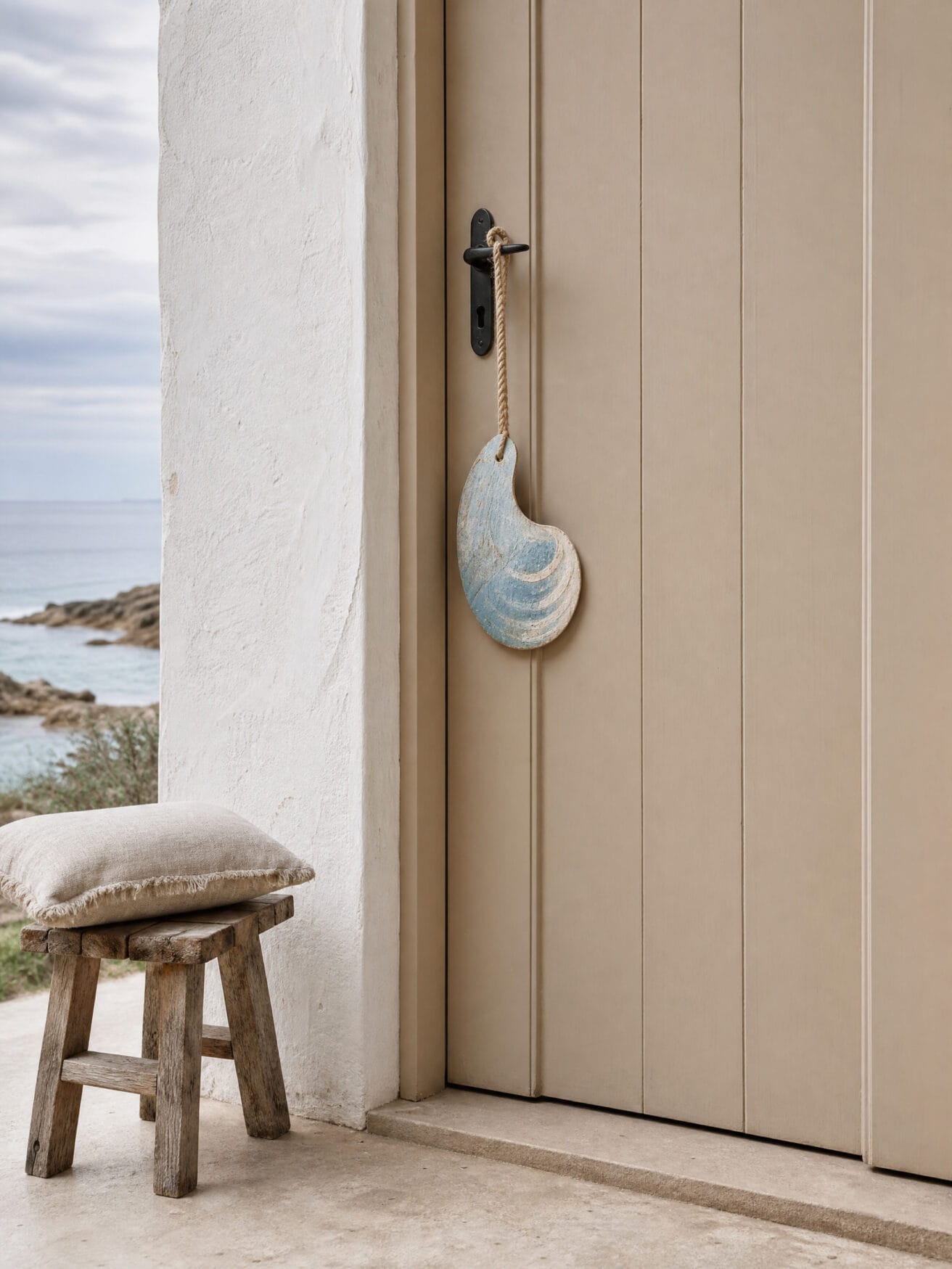 Seashell summer door hanger on a beige door, with a stool and ocean view.