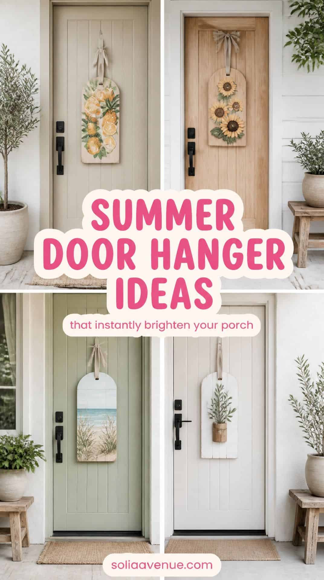 Summer door hanger ideas: lemon, sunflower, beach, and greenery designs.