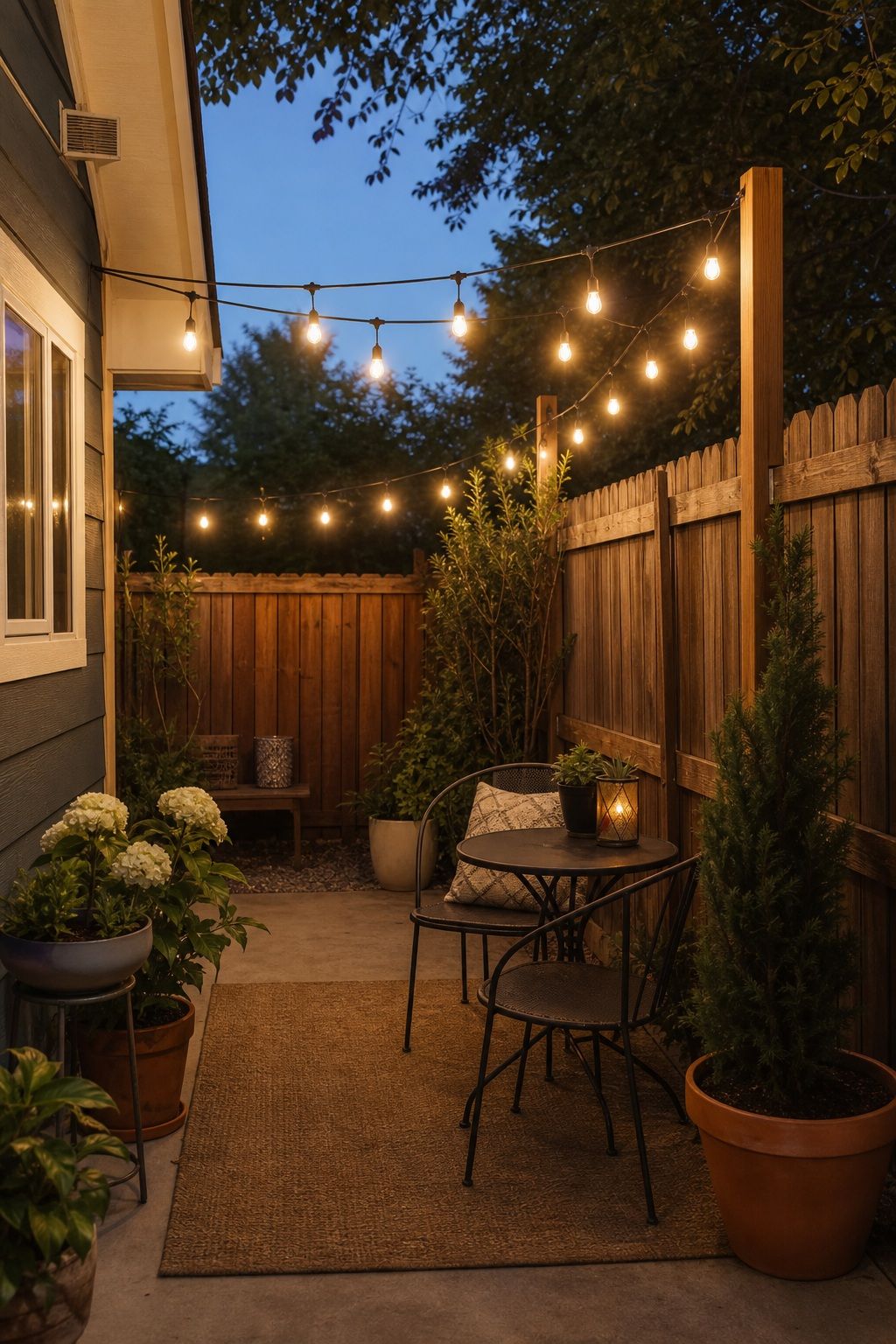Hang Warm String Lights small apartment idea for Top 16 Cheap Backyard Ideas That Actually Look Expensive.