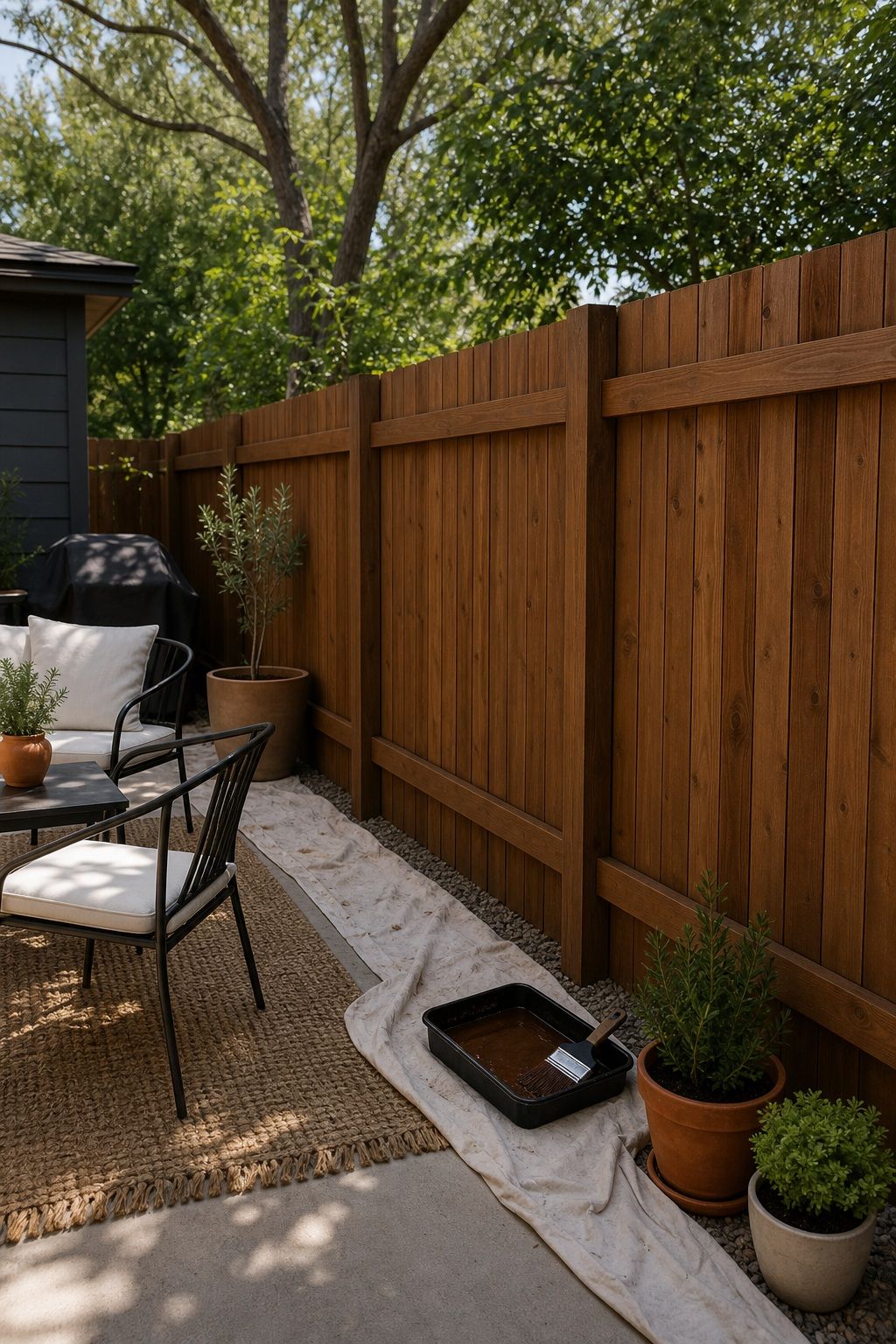 Paint or Stain the Fence small apartment idea for Top 16 Cheap Backyard Ideas That Actually Look Expensive.