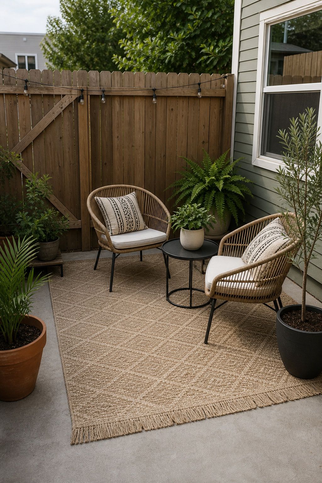 Define Seating With an Outdoor Rug small apartment idea for Top 16 Cheap Backyard Ideas That Actually Look Expensive.