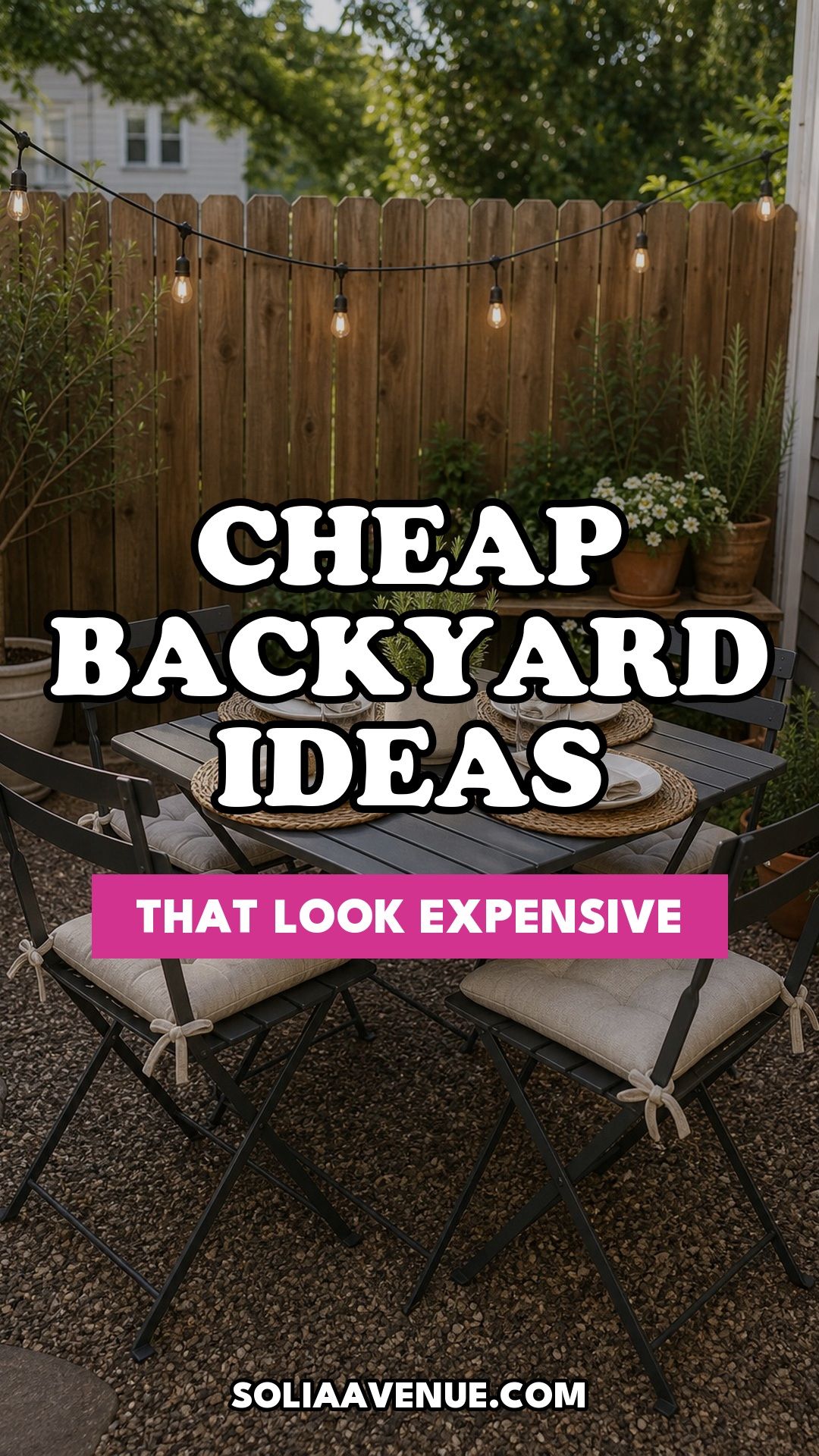 Pinterest pin for Top 16 Cheap Backyard Ideas That Actually Look Expensive from Solia Avenue.