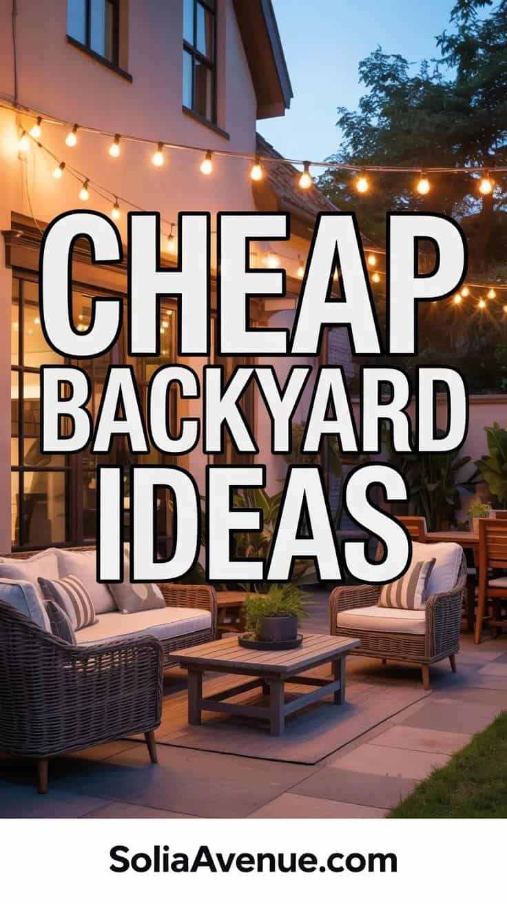 CHEAP Backyard Ideas: Cozy outdoor patio with string lights and wicker furniture.