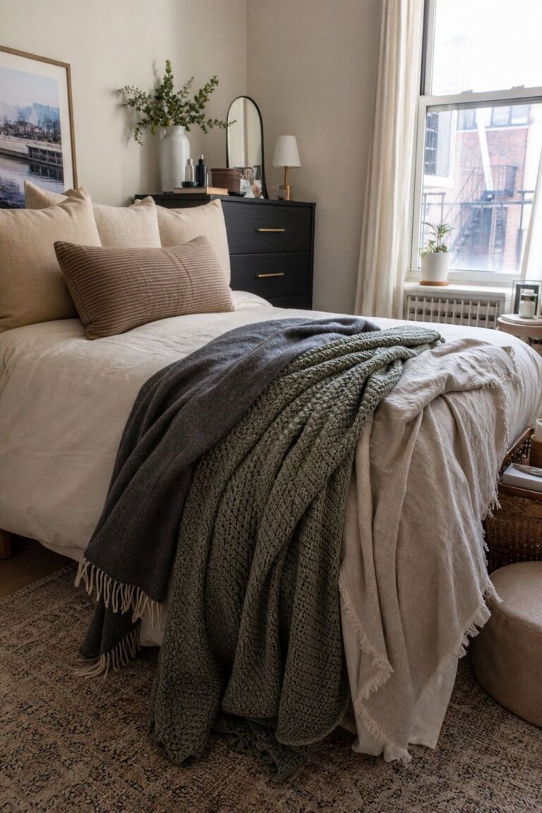 Layer Three Different Throw Blankets small apartment idea for Top 20 Cozy Bedroom Ideas for Apartments That Actually Feel Like Home.