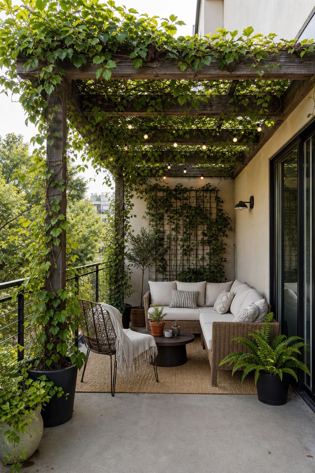 Grow Climbing Plants Over the Lattice small apartment idea for Top 16 Outdoor Patio Roof Ideas for Small Patios and Apartments.