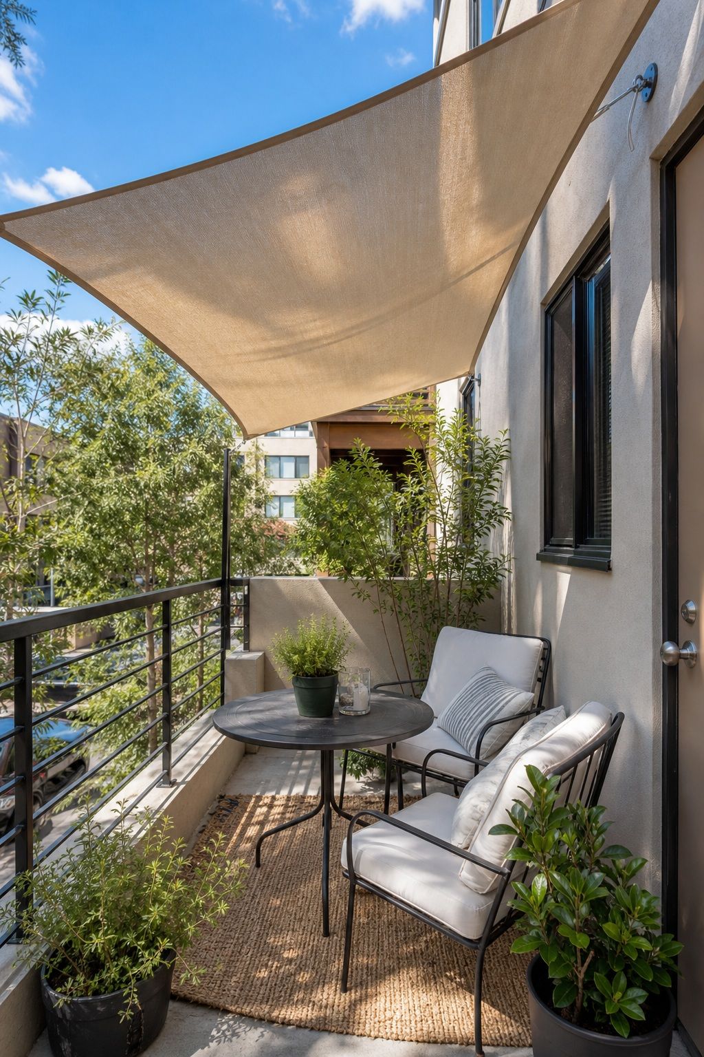 Stretch a Shade Sail small apartment idea for Top 16 Outdoor Patio Roof Ideas for Small Patios and Apartments.