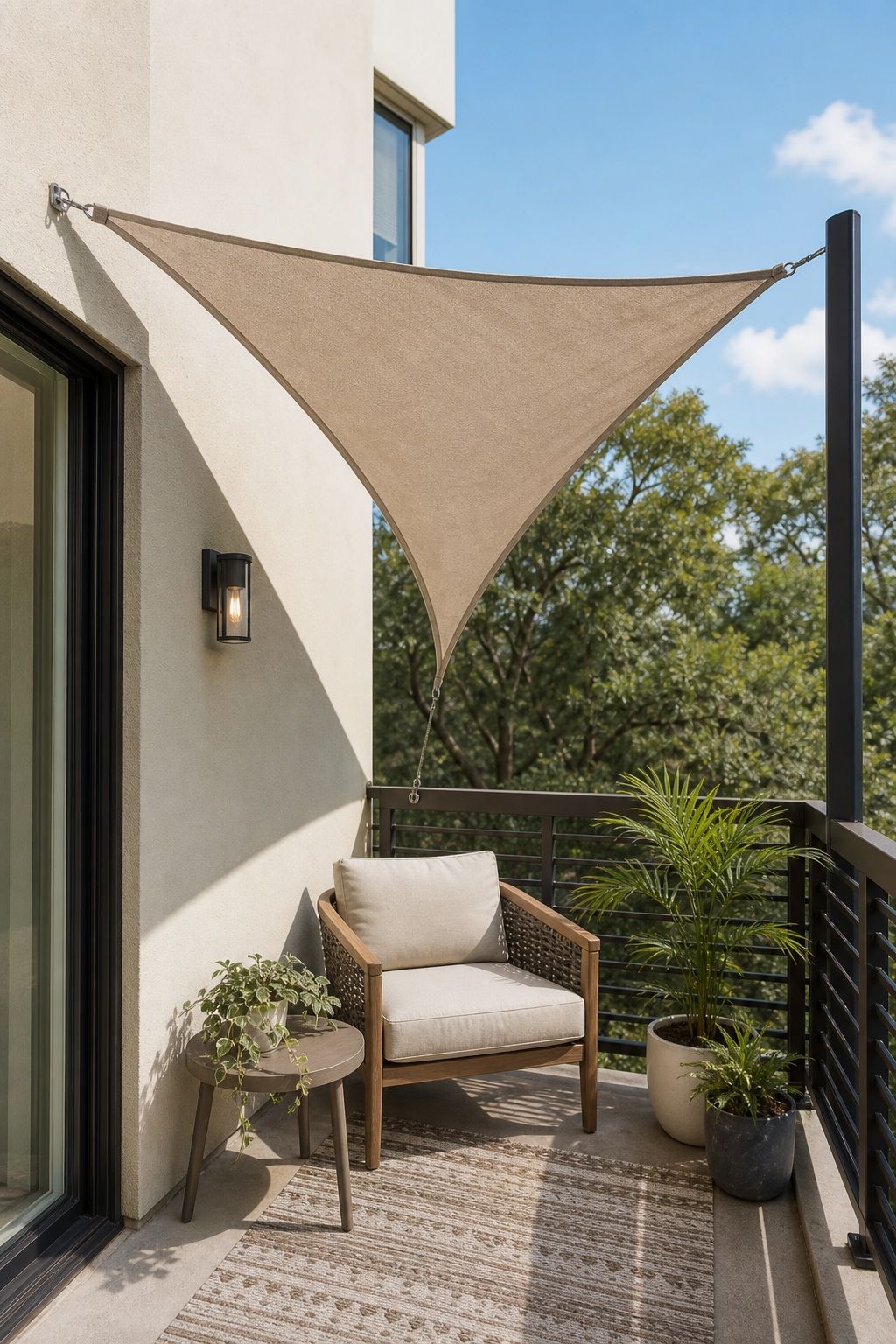 Hang a Simple Triangle Sail Over a Corner small apartment idea for Top 16 Outdoor Patio Roof Ideas for Small Patios and Apartments.