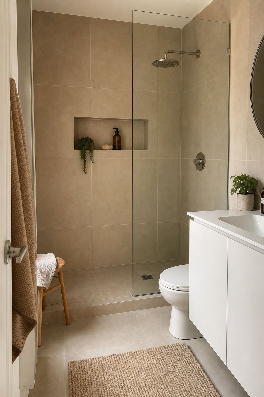 Large-Format Beige Walls With a Matching Beige Floor small apartment idea for Top 17 Shower Tile Combinations That Make a Small Bathroom Feel Bigger.