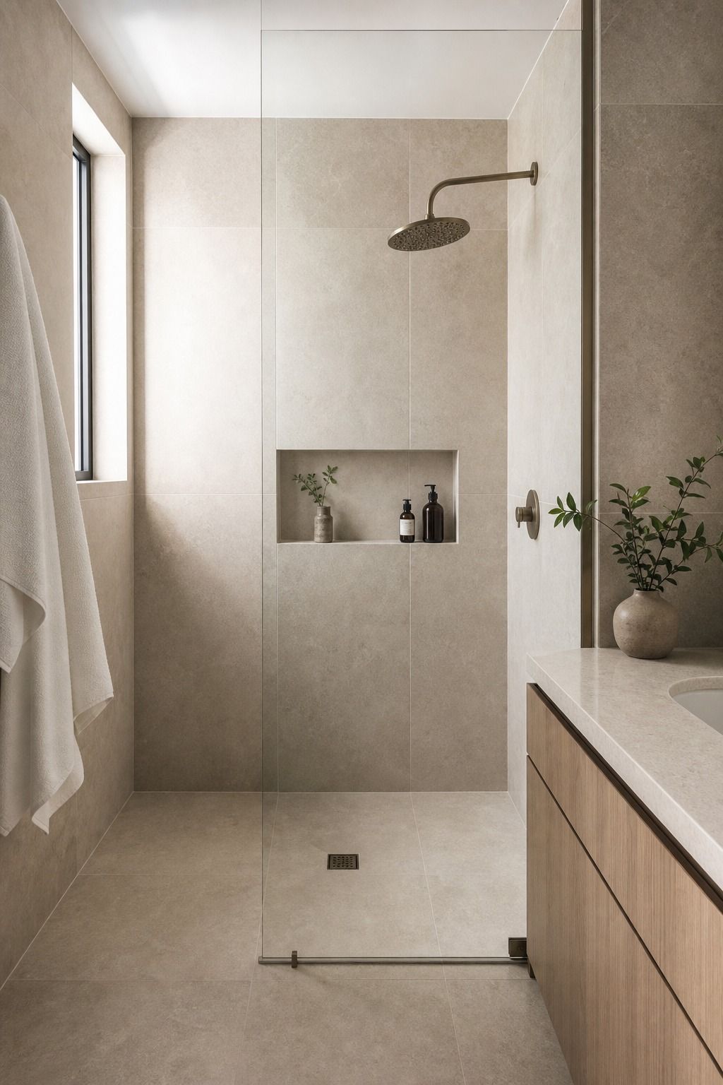 Greige Tile Drenched Floor to Ceiling small apartment idea for Top 17 Shower Tile Combinations That Make a Small Bathroom Feel Bigger.
