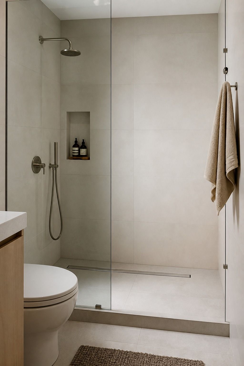 Warm White Large Tile With Tone-on-Tone Grout small apartment idea for Top 17 Shower Tile Combinations That Make a Small Bathroom Feel Bigger.
