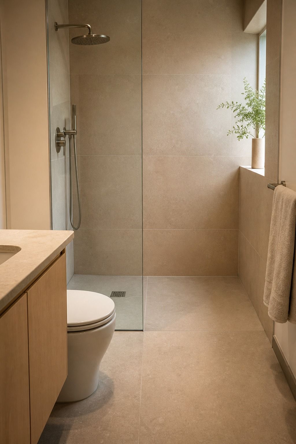 Clay Large-Format Tile With a Continuous Floor small apartment idea for Top 17 Shower Tile Combinations That Make a Small Bathroom Feel Bigger.