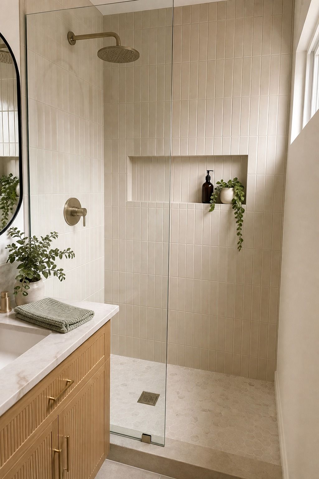 Vertical Subway Tile in a Warm Neutral small apartment idea for Top 17 Shower Tile Combinations That Make a Small Bathroom Feel Bigger.