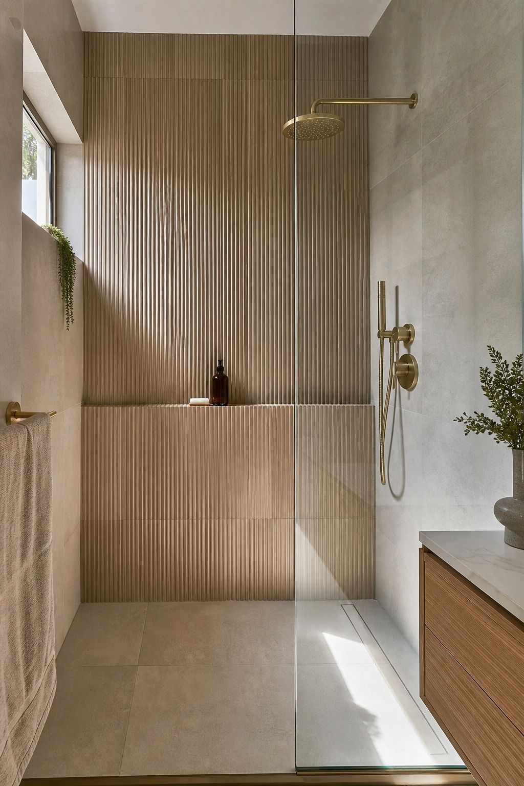 Vertical Fluted Tile as a Feature Wall small apartment idea for Top 17 Shower Tile Combinations That Make a Small Bathroom Feel Bigger.