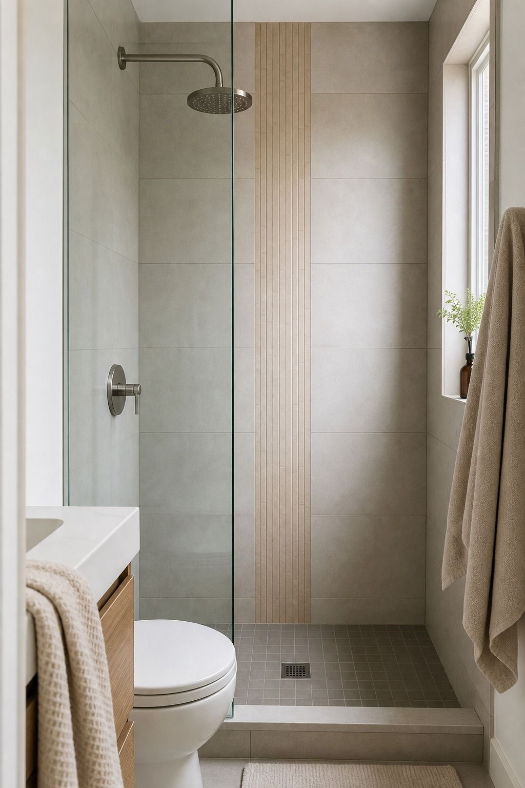 Vertical Tile With a Continuous Vertical Accent Strip small apartment idea for Top 17 Shower Tile Combinations That Make a Small Bathroom Feel Bigger.