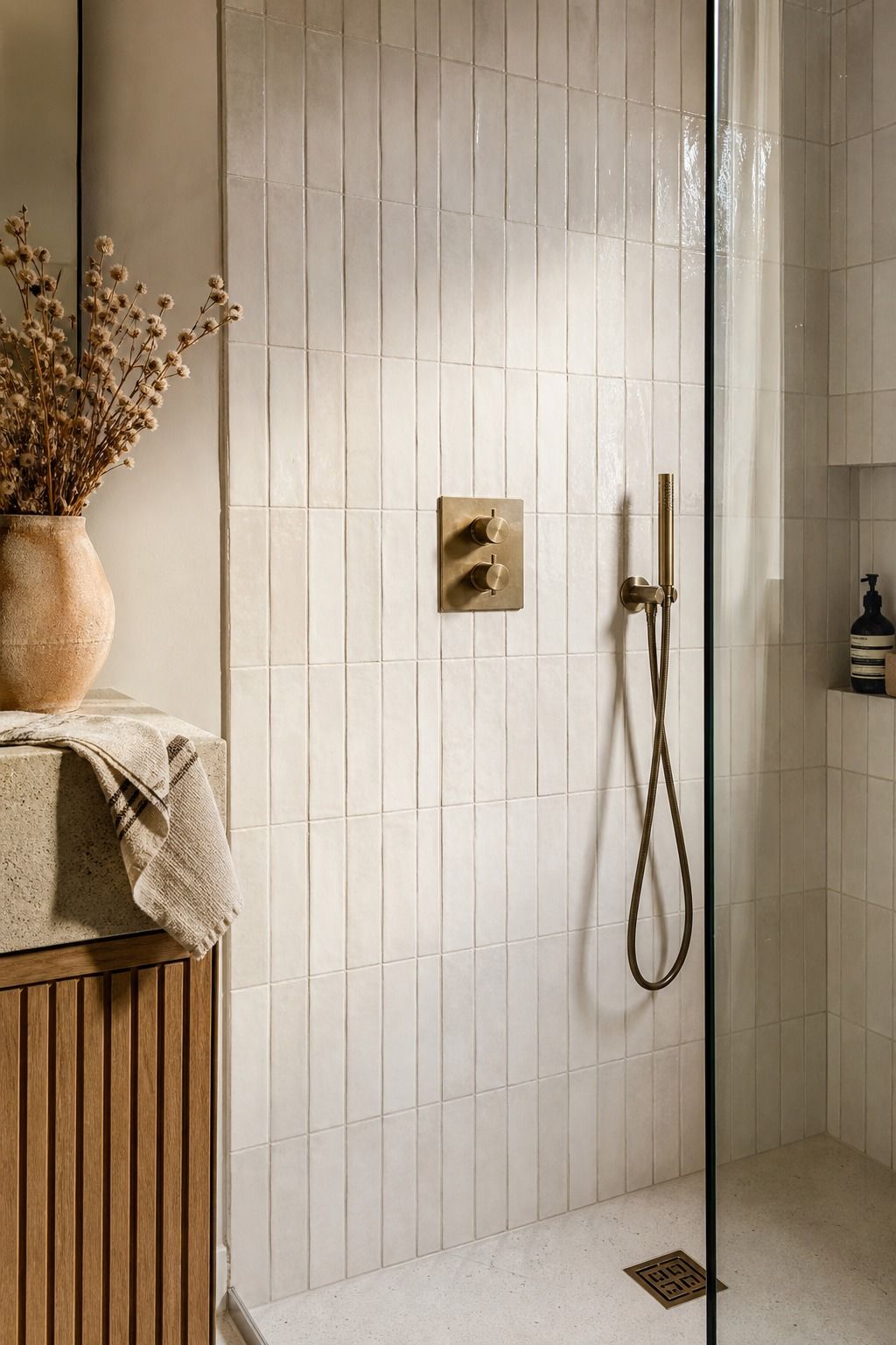 Vertical Zellige in a Soft Warm Tone small apartment idea for Top 17 Shower Tile Combinations That Make a Small Bathroom Feel Bigger.