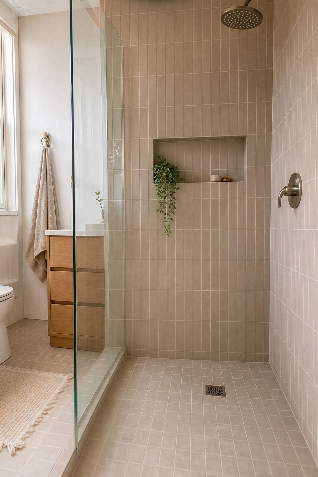 Full Mushroom Tile Drench, Floor and Walls small apartment idea for Top 17 Shower Tile Combinations That Make a Small Bathroom Feel Bigger.