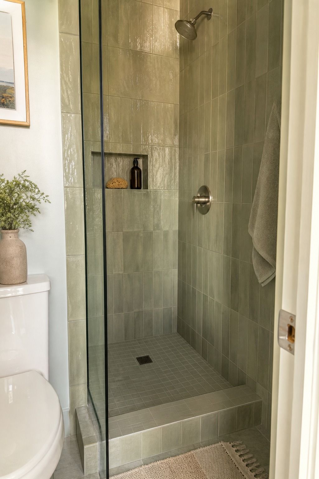 Sage Drench With Texture Instead of Color Contrast small apartment idea for Top 17 Shower Tile Combinations That Make a Small Bathroom Feel Bigger.