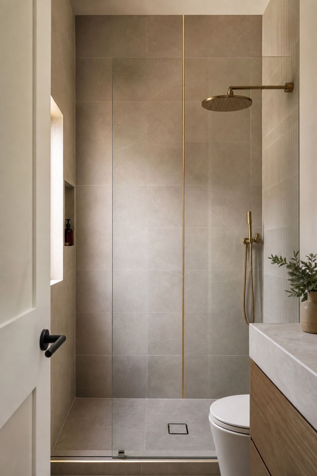 Warm Greige Drench With a Single Brass Line small apartment idea for Top 17 Shower Tile Combinations That Make a Small Bathroom Feel Bigger.