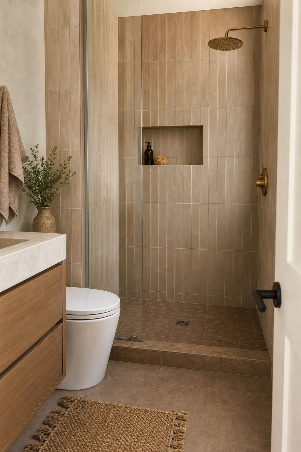 Clay Drench With a Tonal Floor Shift small apartment idea for Top 17 Shower Tile Combinations That Make a Small Bathroom Feel Bigger.