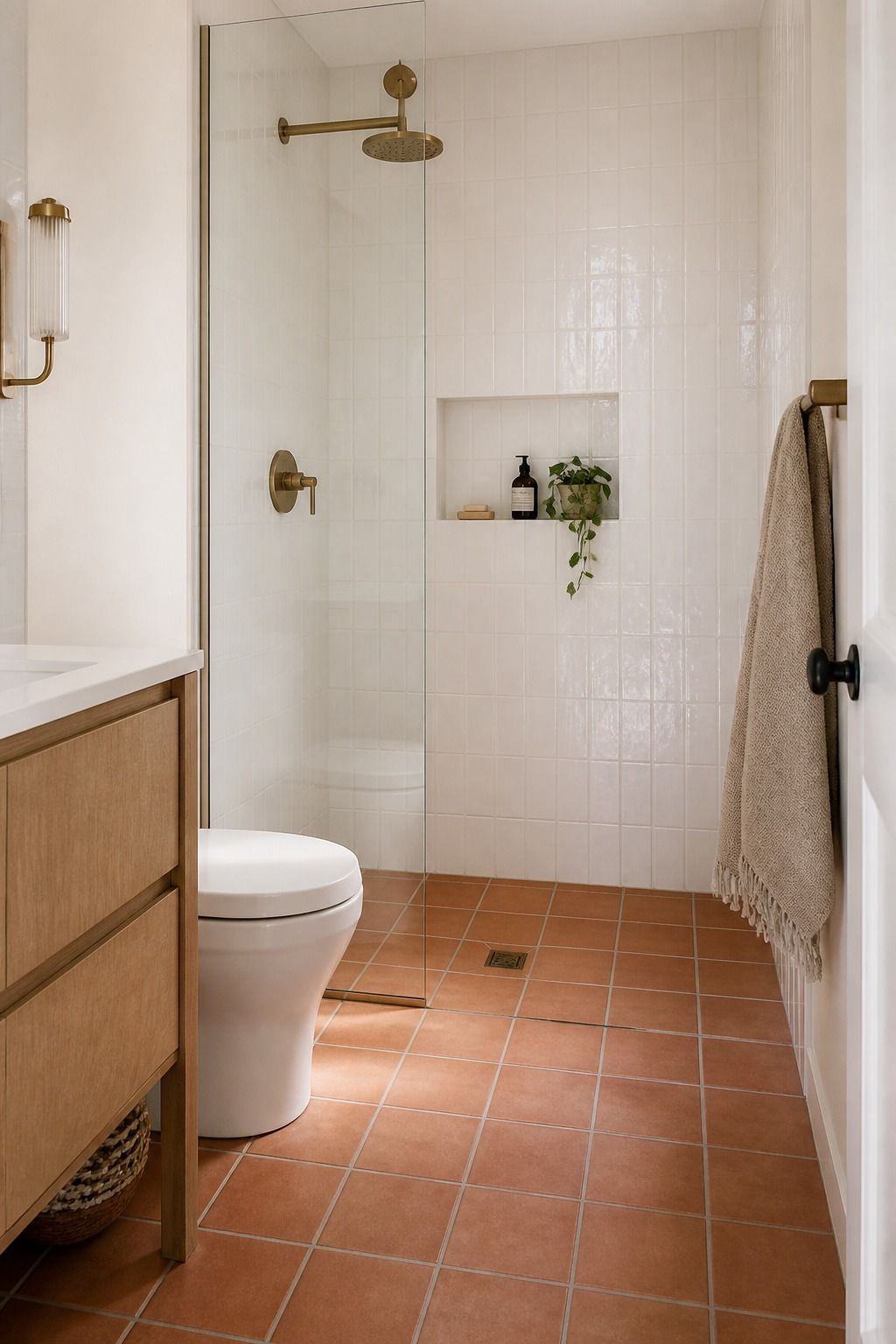 Warm Terracotta Floor With Soft White Walls small apartment idea for Top 17 Shower Tile Combinations That Make a Small Bathroom Feel Bigger.