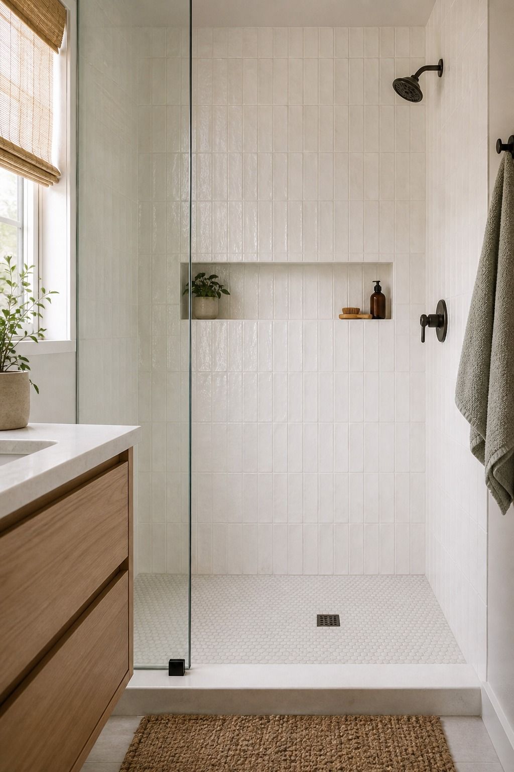 Textured White Tile, Wall to Wall small apartment idea for Top 17 Shower Tile Combinations That Make a Small Bathroom Feel Bigger.