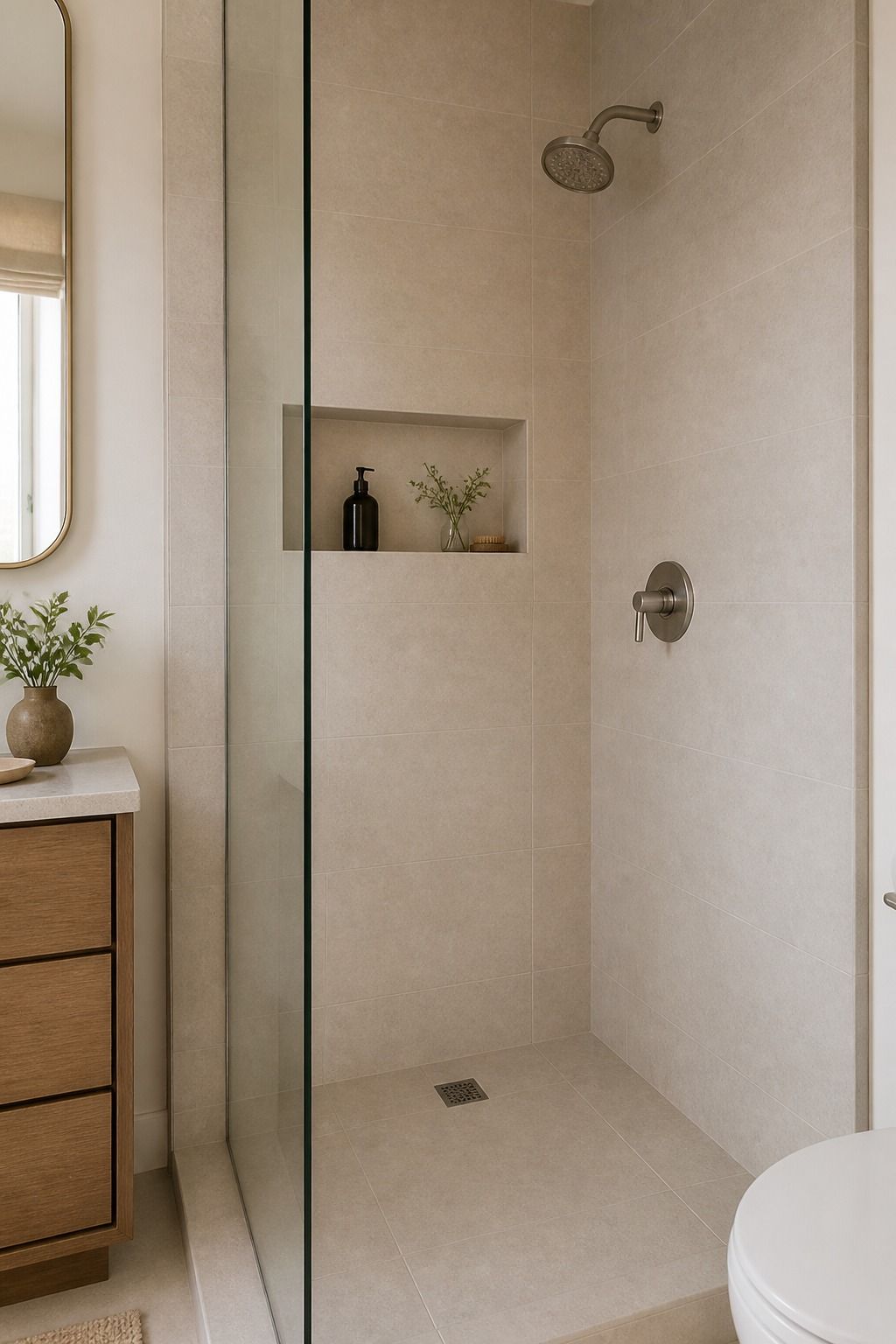 Matched Grout as the Whole Combination small apartment idea for Top 17 Shower Tile Combinations That Make a Small Bathroom Feel Bigger.